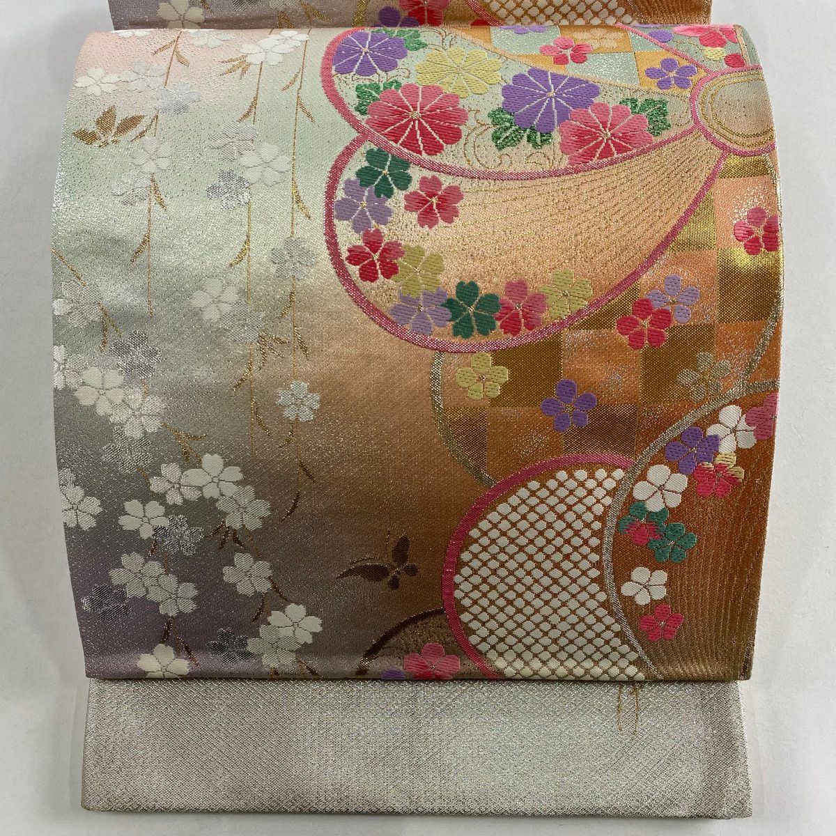 袋帶 秀品級 證書齊全 振袖禮服適用 花枝垂櫻 金金箔 淺粉色 六通 純蠶絲