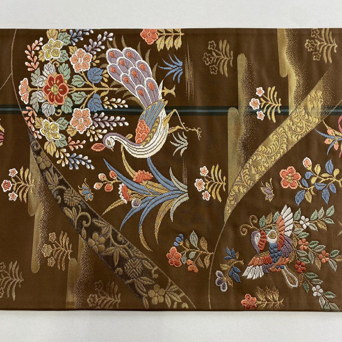 【美品】 袋帶 秀品級 證書齊全 孔雀 草花紋紋 金金箔 金銀彩 茶 六通 純蠶絲