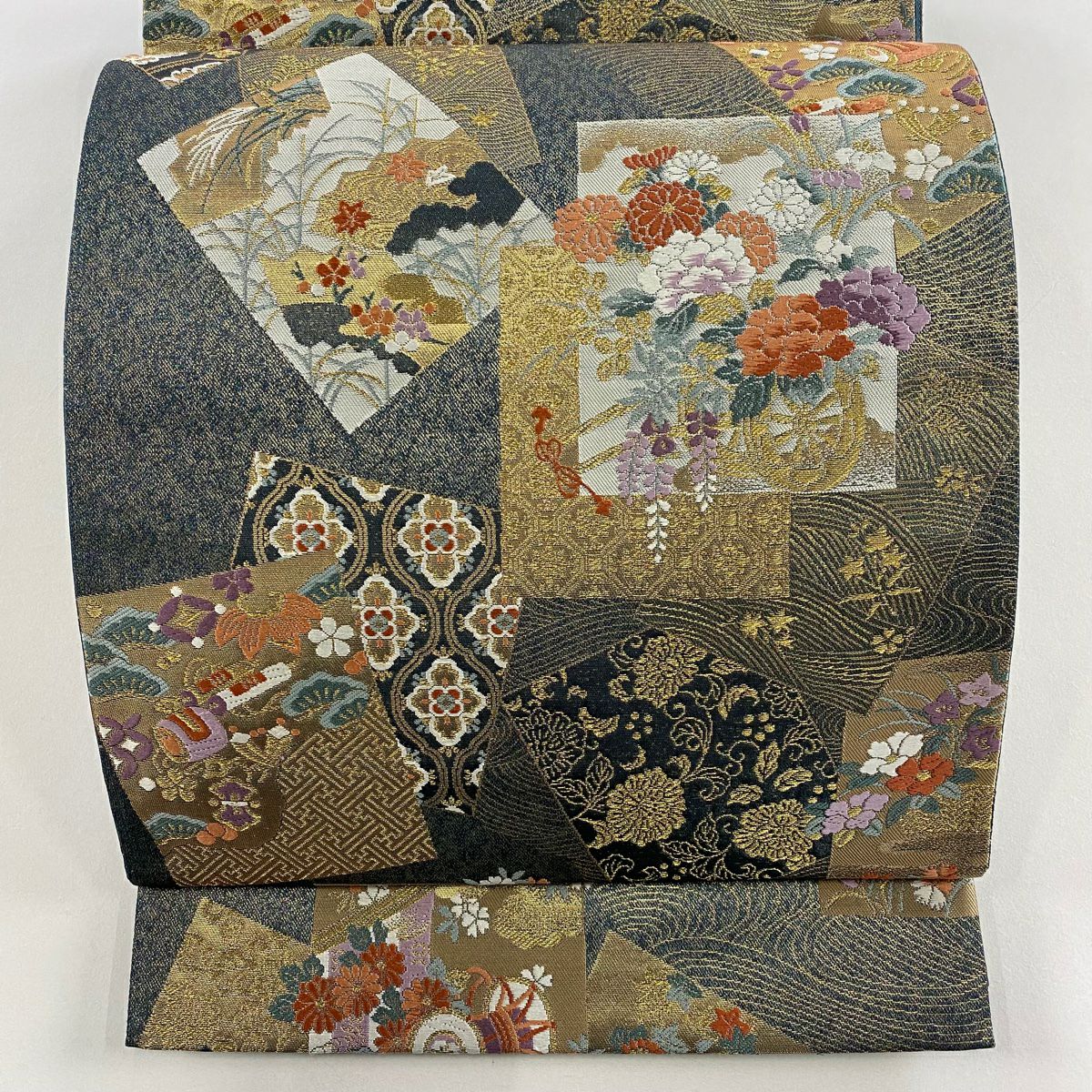 【美品】 袋帶 秀品級 色紙 花車 金金箔 金絲 灰色 六通 純蠶絲