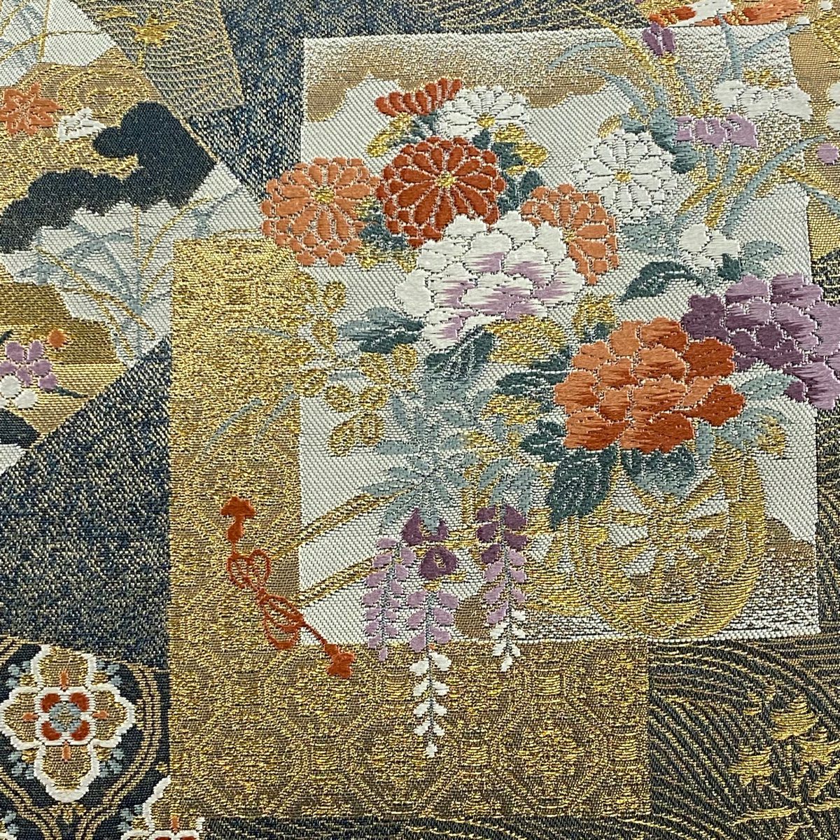 【美品】 袋帶 秀品級 色紙 花車 金金箔 金絲 灰色 六通 純蠶絲