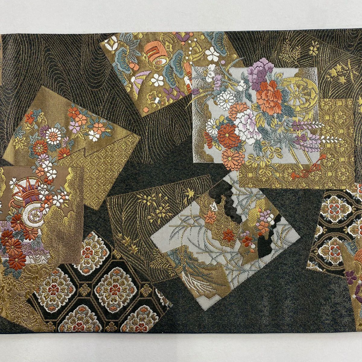 【美品】 袋帶 秀品級 色紙 花車 金金箔 金絲 灰色 六通 純蠶絲