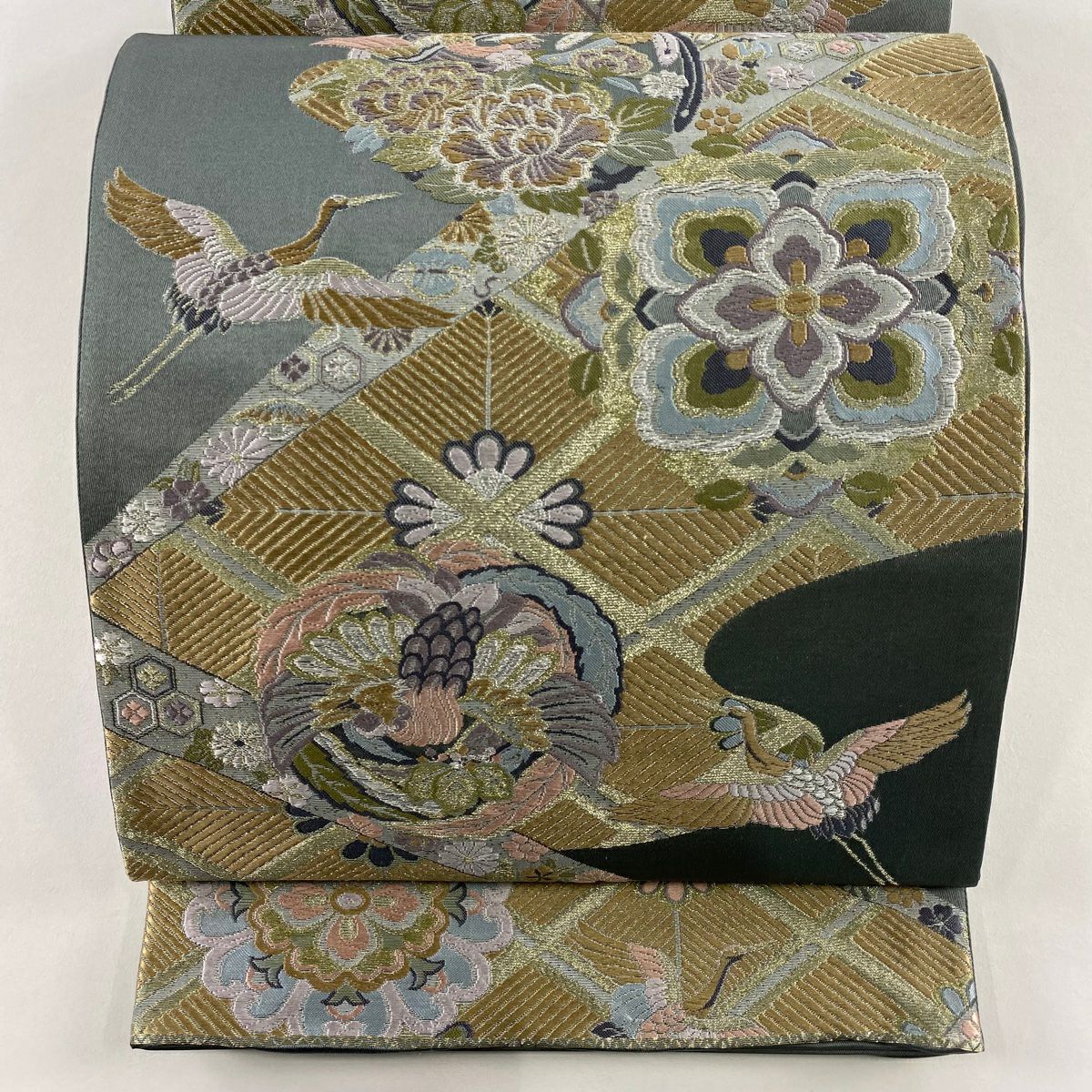 袋帶 秀品級 鳳凰 華紋 金金箔 金銀彩 灰綠 六通 純蠶絲