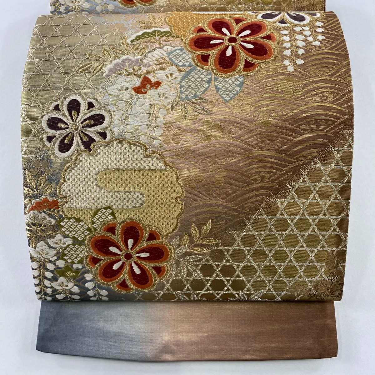 【美品】 袋帶 秀品級 證書齊全 雪輪 梅花 金銀彩 薄小豆 六通 純蠶絲