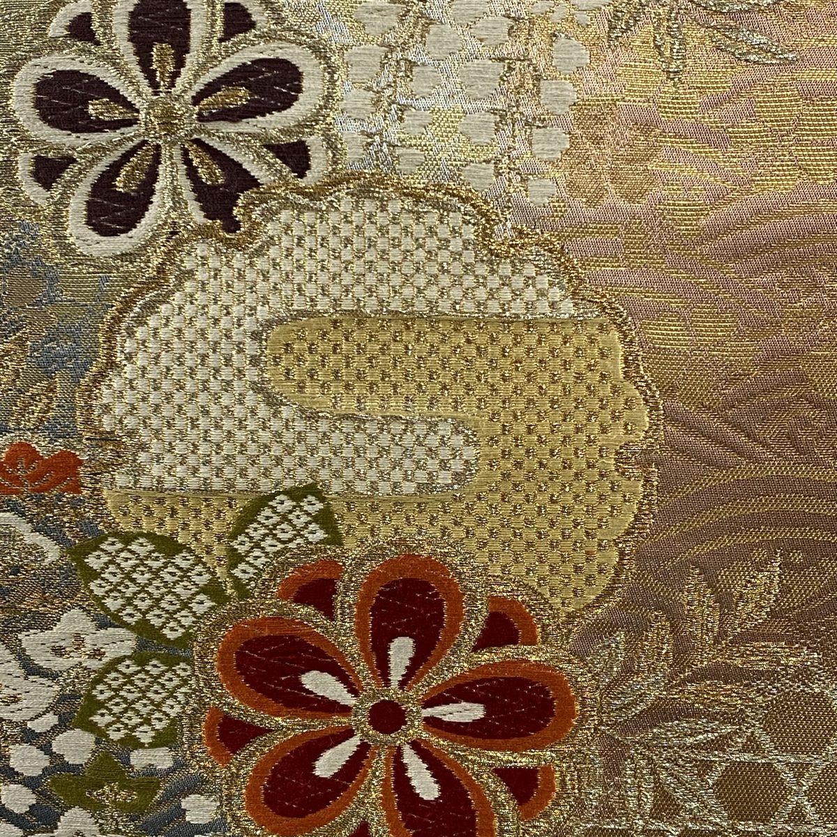 【美品】 袋帶 秀品級 證書齊全 雪輪 梅花 金銀彩 薄小豆 六通 純蠶絲