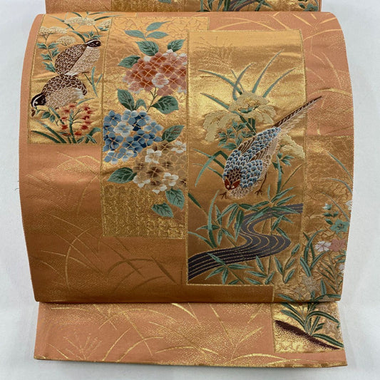 袋帶 秀品級 關西仕立 單色短冊文 花鳥 金金箔 金絲 鮭粉色 六通 純蠶絲