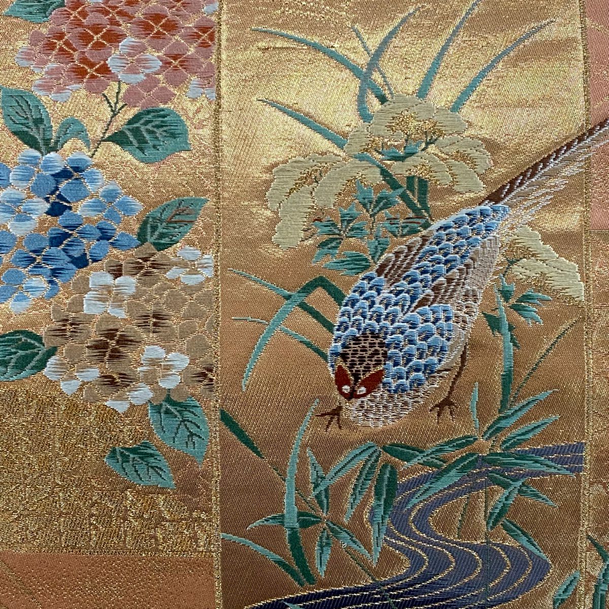 袋帶 秀品級 關西仕立 單色短冊文 花鳥 金金箔 金絲 鮭粉色 六通 純蠶絲