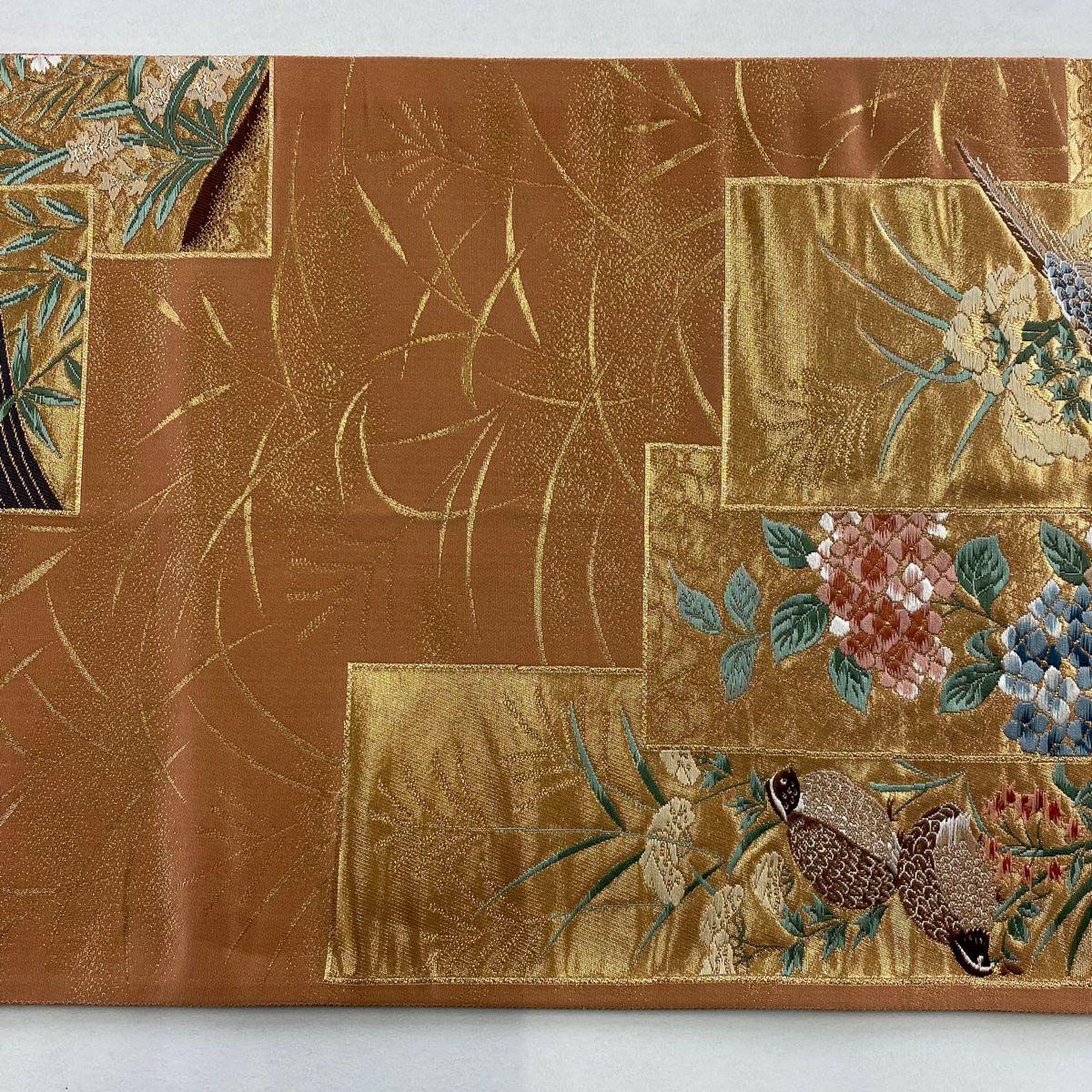 袋帶 秀品級 關西仕立 單色短冊文 花鳥 金金箔 金絲 鮭粉色 六通 純蠶絲