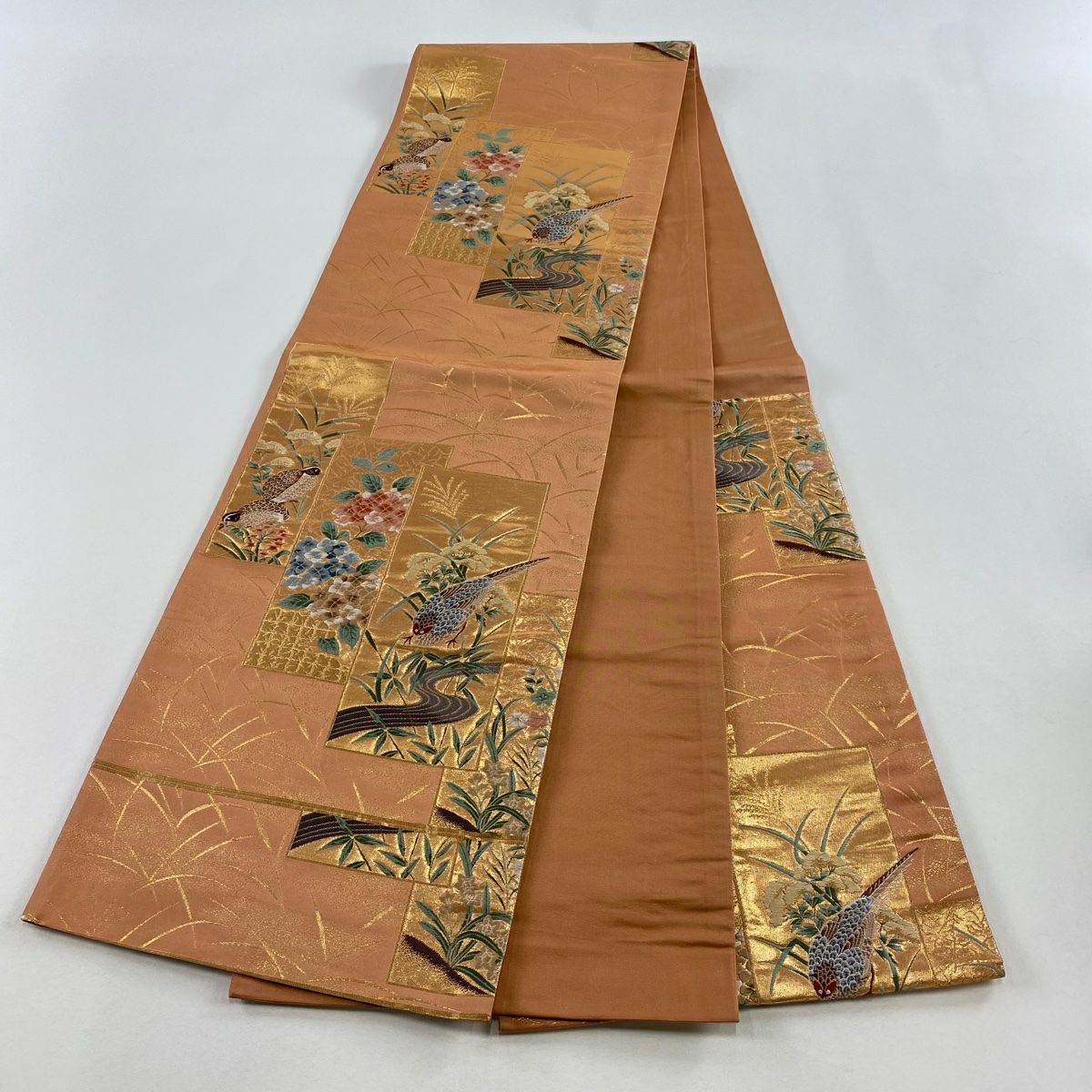 袋帶 秀品級 關西仕立 單色短冊文 花鳥 金金箔 金絲 鮭粉色 六通 純蠶絲
