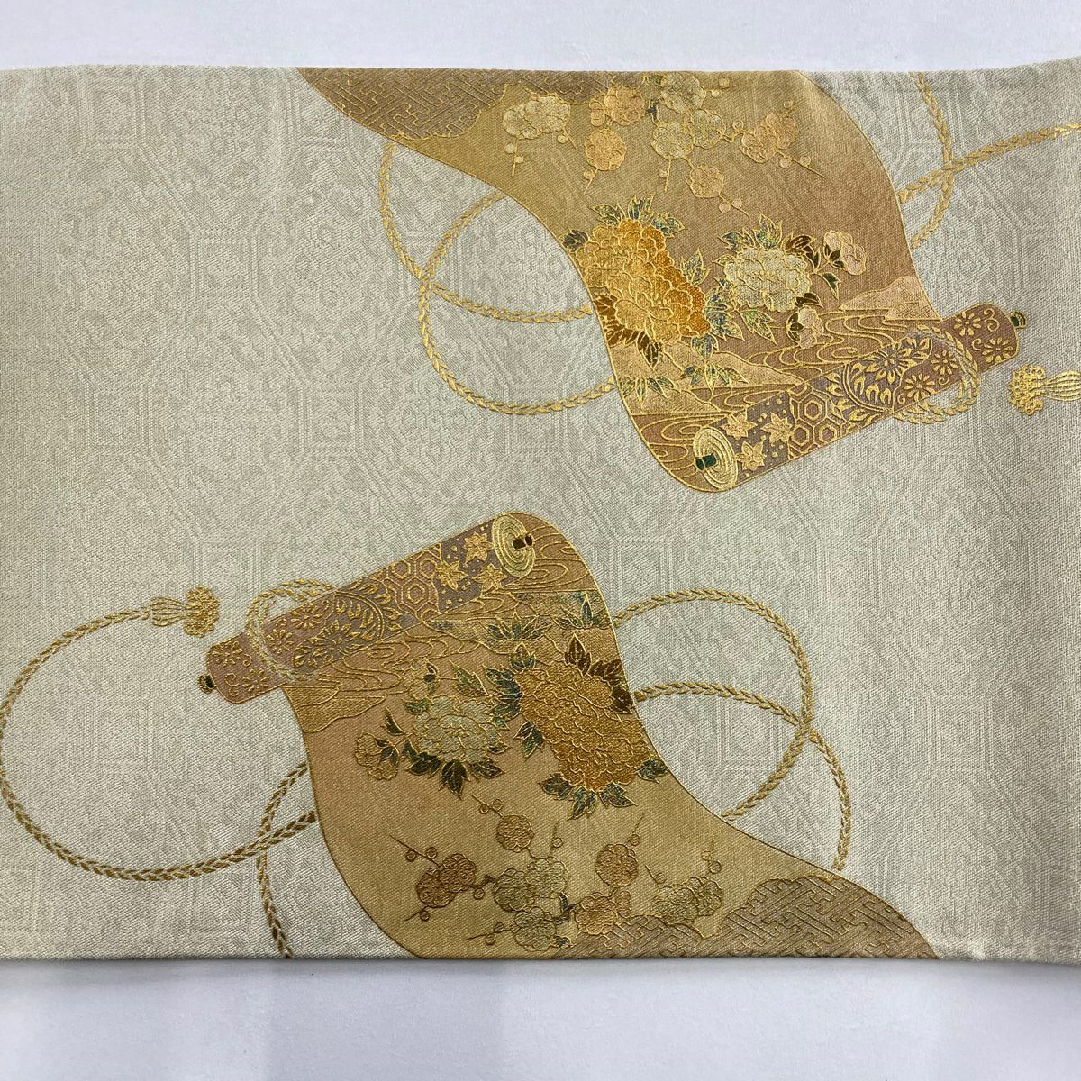袋帶 秀品級 卷物 御所車 金金箔 金彩裝飾 奶油色 大鼓圖案 純蠶絲