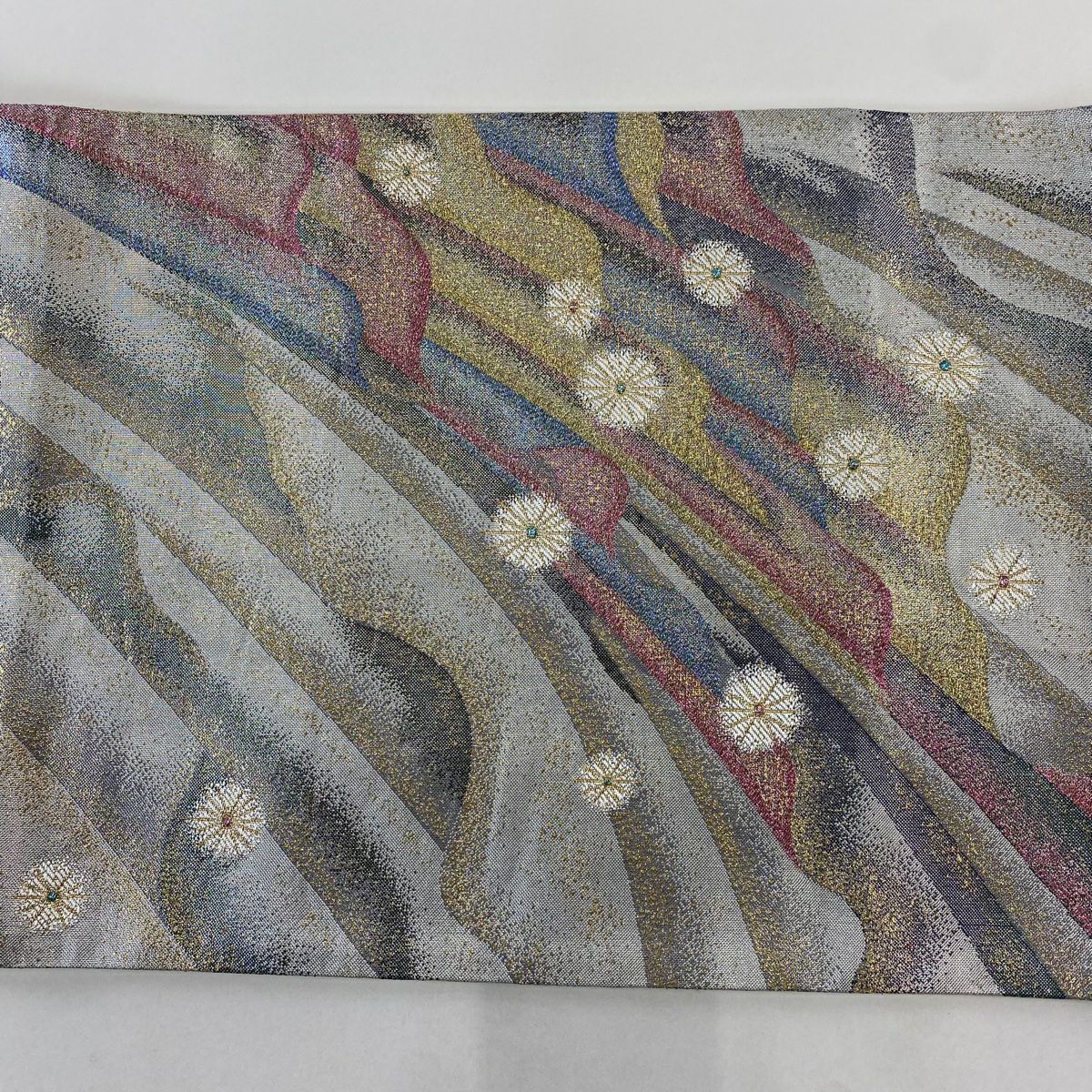 【美品】 袋帶 秀品級 花 幾何學 金銀線 金金箔 銀 六通 純蠶絲