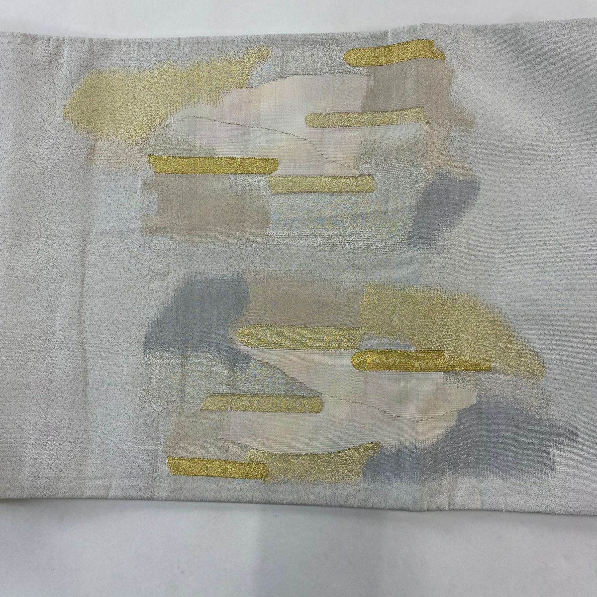 袋帶 秀品級 山並 霞 金銀絲 綴 灰白 大鼓圖案 純蠶絲