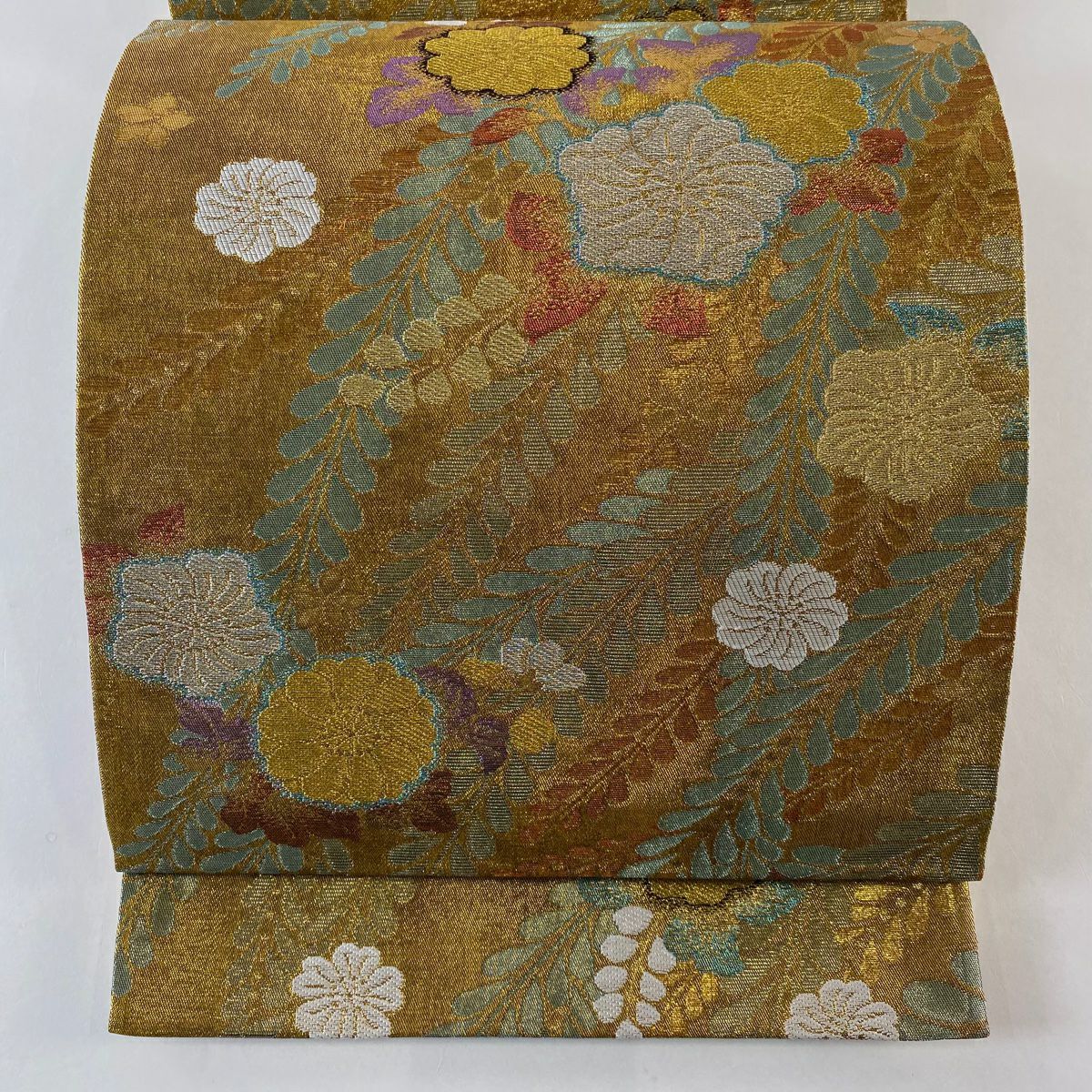 【美品】 袋帶 優品級 辻花染圖案 金銀線 金金箔 金色 六通 純蠶絲