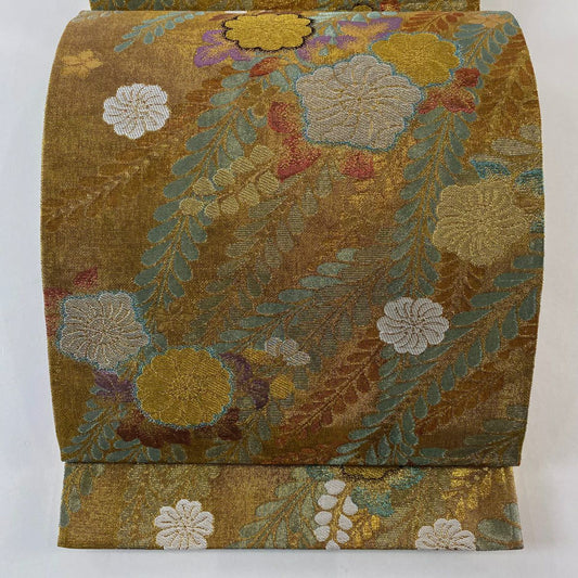 【美品】 袋帶 優品級 辻花染圖案 金銀線 金金箔 金色 六通 純蠶絲