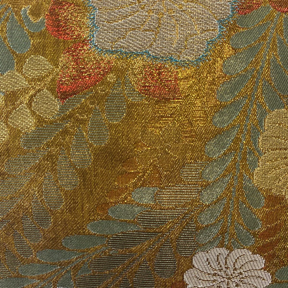 【美品】 袋帶 優品級 辻花染圖案 金銀線 金金箔 金色 六通 純蠶絲