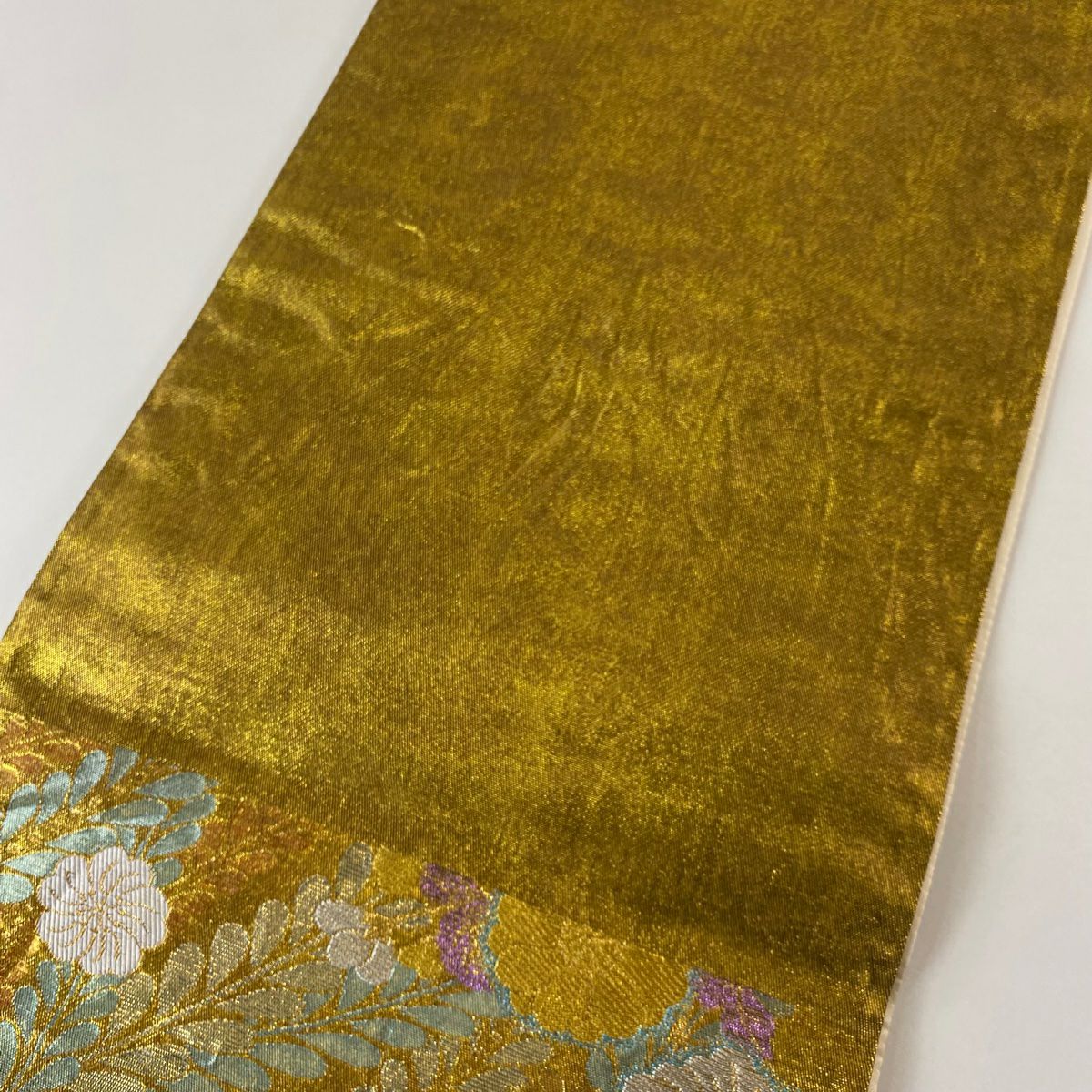 【美品】 袋帶 優品級 辻花染圖案 金銀線 金金箔 金色 六通 純蠶絲