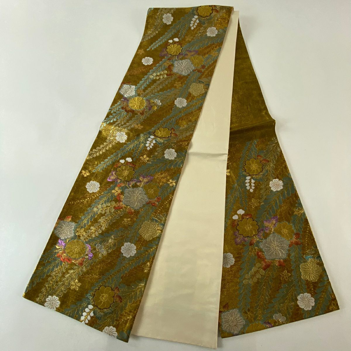 【美品】 袋帶 優品級 辻花染圖案 金銀線 金金箔 金色 六通 純蠶絲
