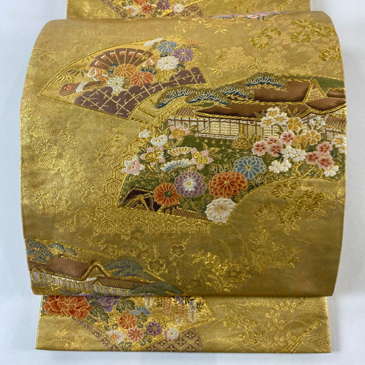 【美品】 袋帶 秀品級 扇子面 風景 金銀彩 金色 大鼓圖案 純蠶絲