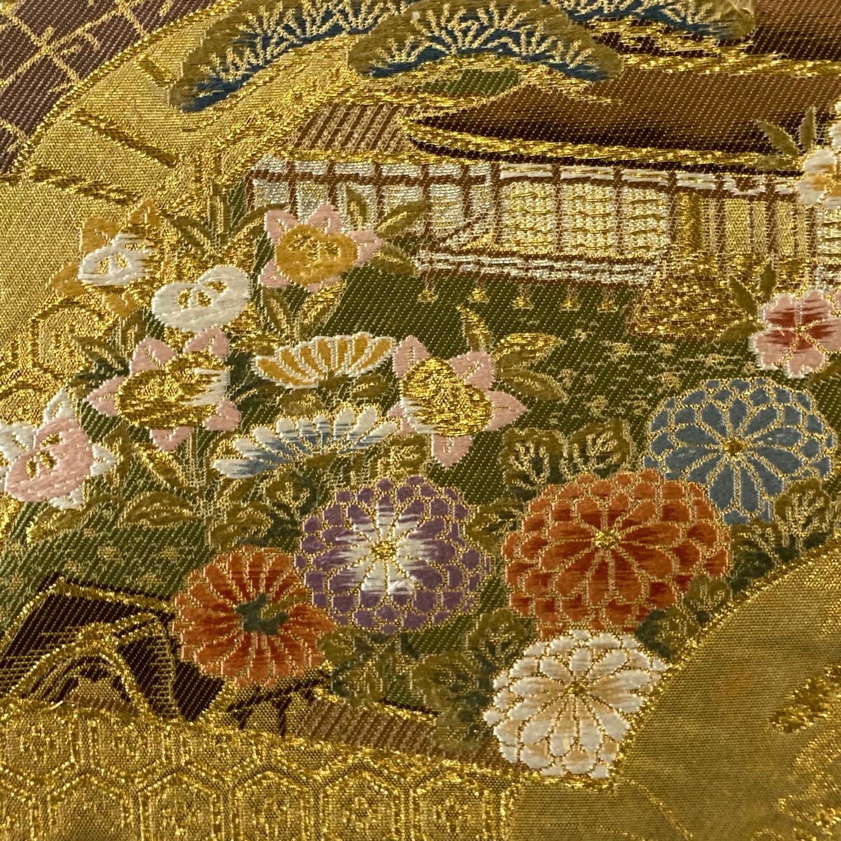 【美品】 袋帶 秀品級 扇子面 風景 金銀彩 金色 大鼓圖案 純蠶絲