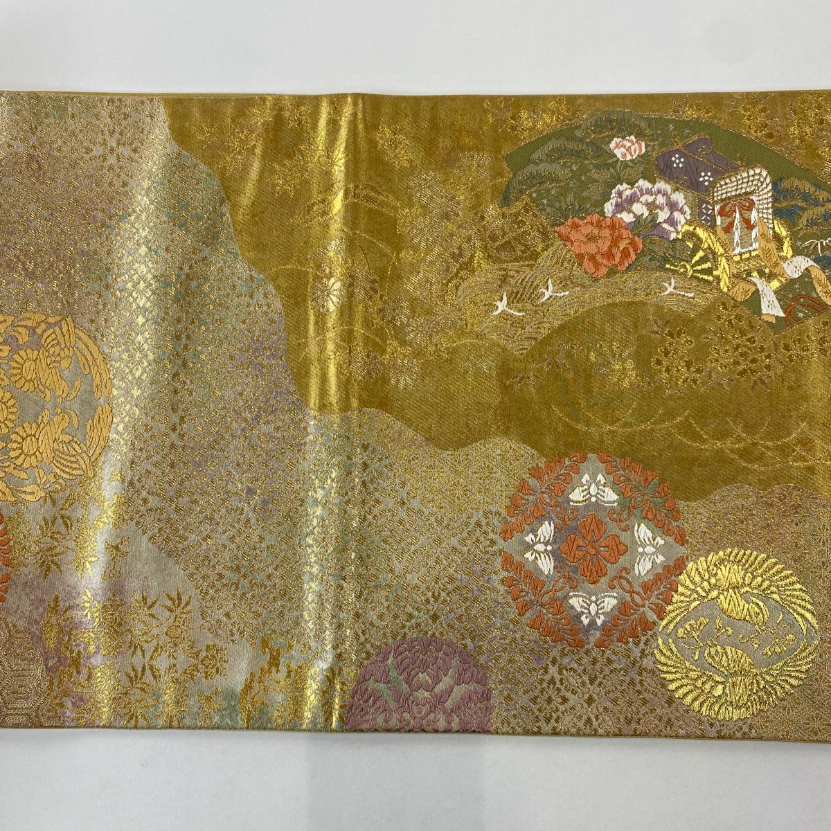 【美品】 袋帶 秀品級 扇子面 風景 金銀彩 金色 大鼓圖案 純蠶絲