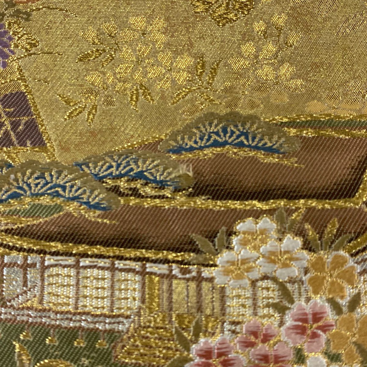 【美品】 袋帶 秀品級 扇子面 風景 金銀彩 金色 大鼓圖案 純蠶絲
