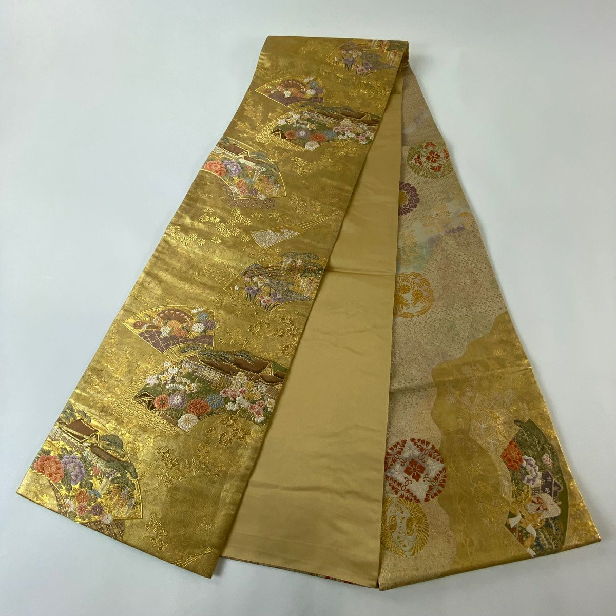 【美品】 袋帶 秀品級 扇子面 風景 金銀彩 金色 大鼓圖案 純蠶絲