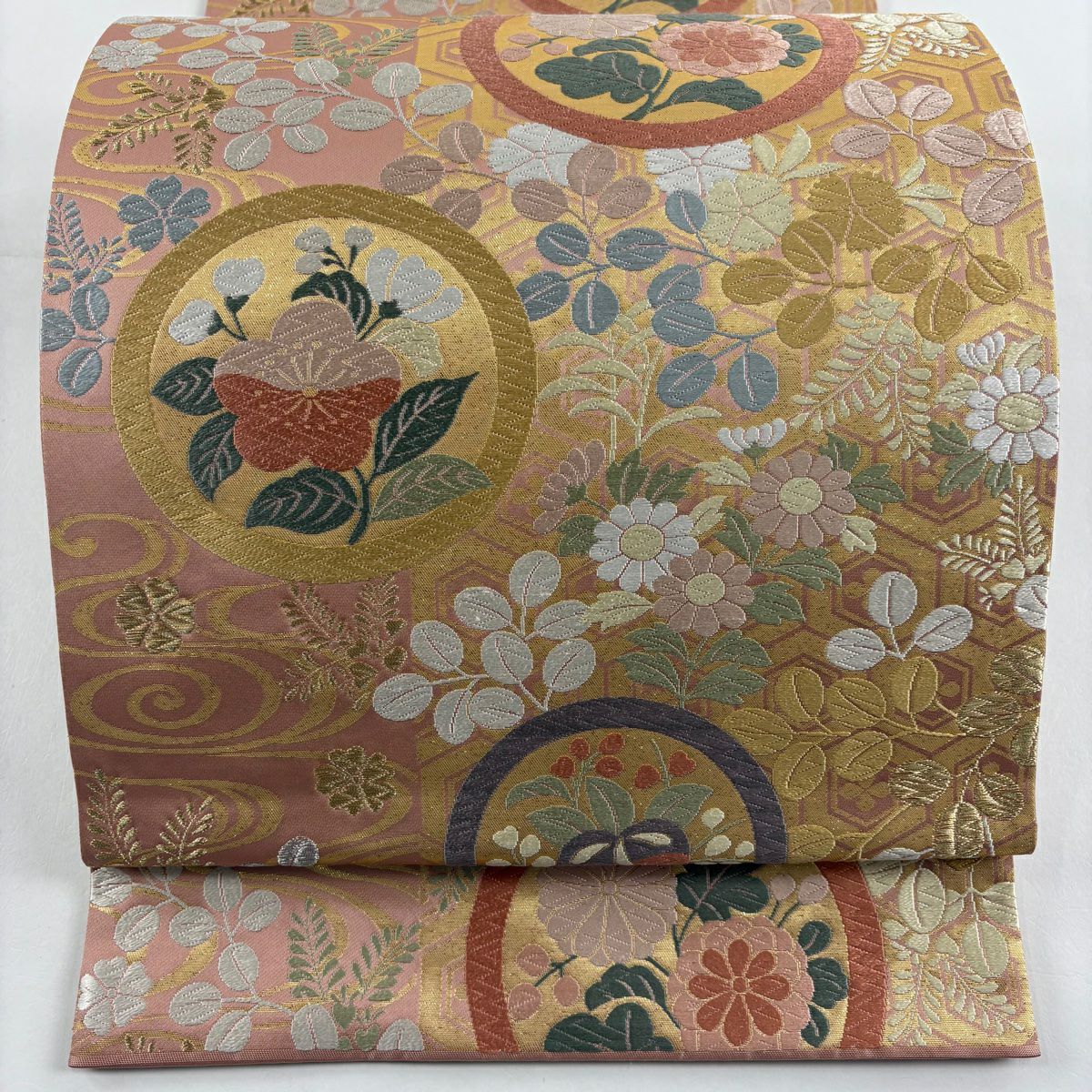 【美品】 袋帶 秀品級 秋草紋 圓紋 唐織 金金箔 粉紅 單帶圖案 純蠶絲