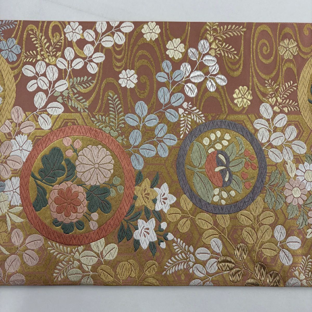 【美品】 袋帶 秀品級 秋草紋 圓紋 唐織 金金箔 粉紅 單帶圖案 純蠶絲
