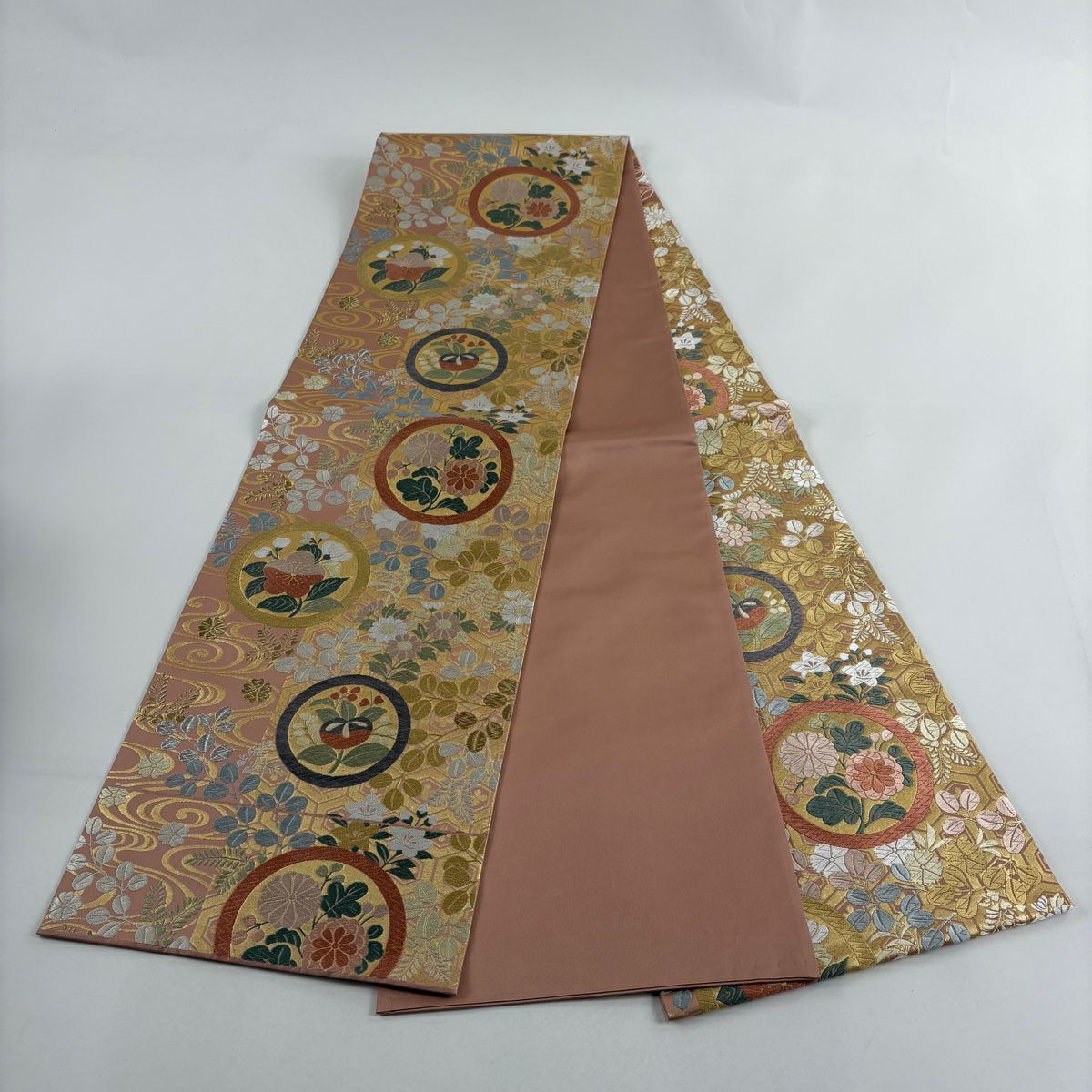【美品】 袋帶 秀品級 秋草紋 圓紋 唐織 金金箔 粉紅 單帶圖案 純蠶絲