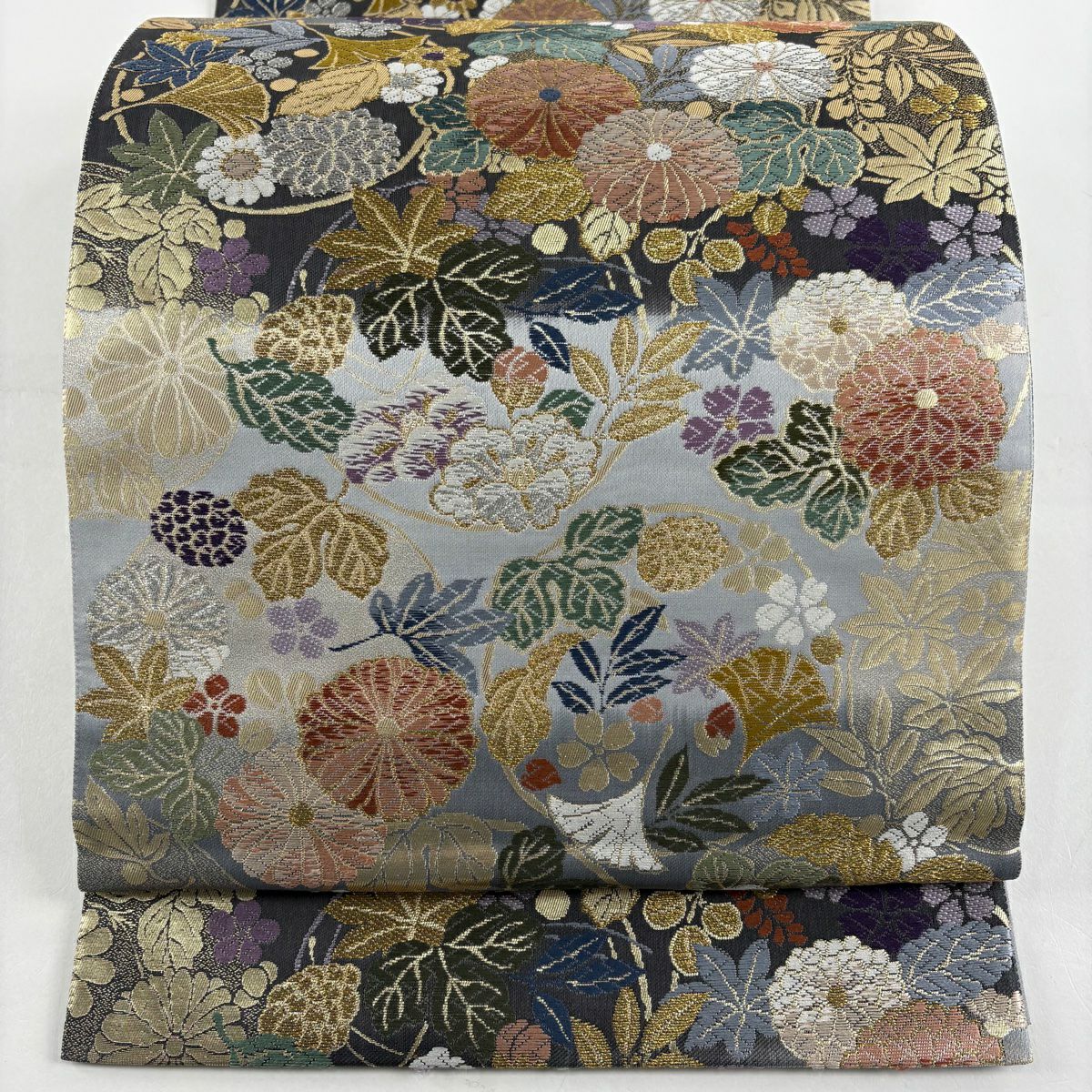 【美品】 袋帶 秀品級 吹寄花圓形 段紋 金銀線 金金箔 青灰 六通 純蠶絲