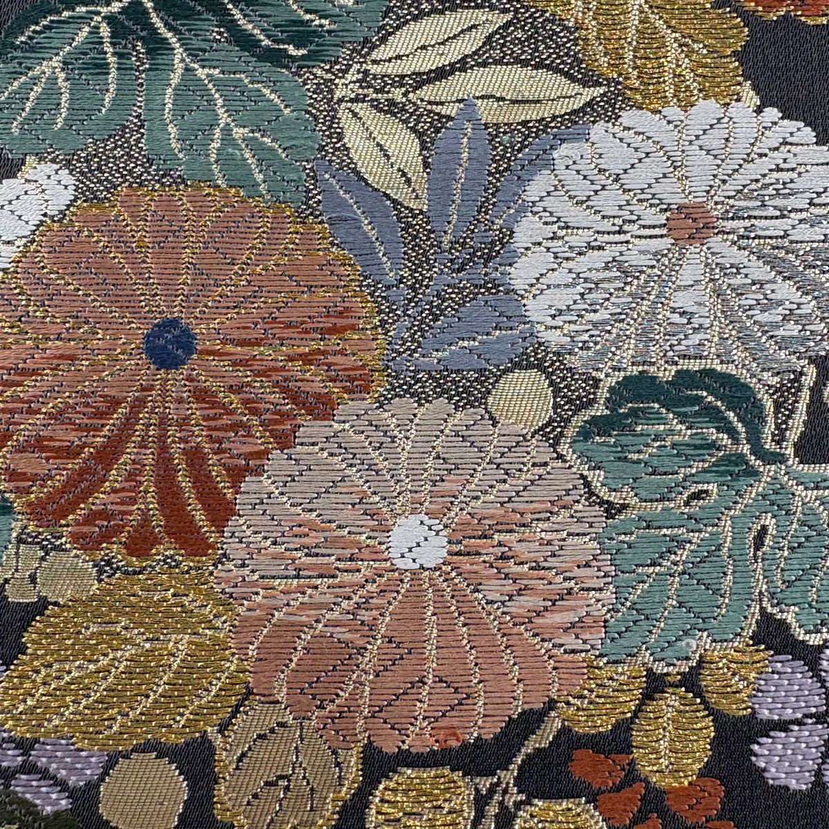 【美品】 袋帶 秀品級 吹寄花圓形 段紋 金銀線 金金箔 青灰 六通 純蠶絲