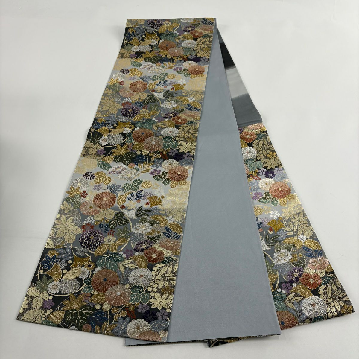 【美品】 袋帶 秀品級 吹寄花圓形 段紋 金銀線 金金箔 青灰 六通 純蠶絲