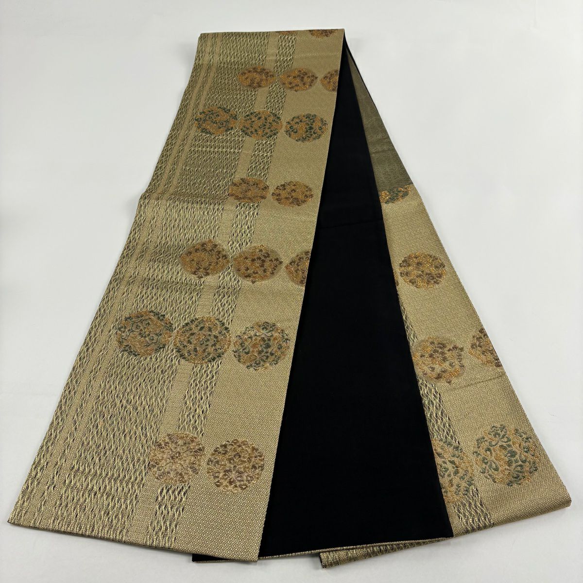 【美品】 袋帶 秀品級 華紋 縞紋 金絲 金金箔 金 六通 純蠶絲