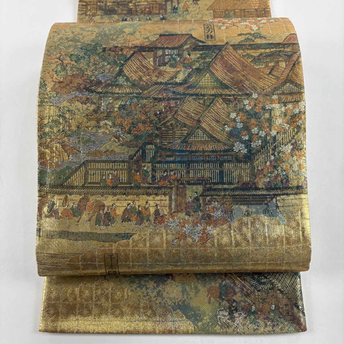 【美品】 袋帶 秀品級 洛中洛外圖 金金箔 金色 大鼓圖案 純蠶絲