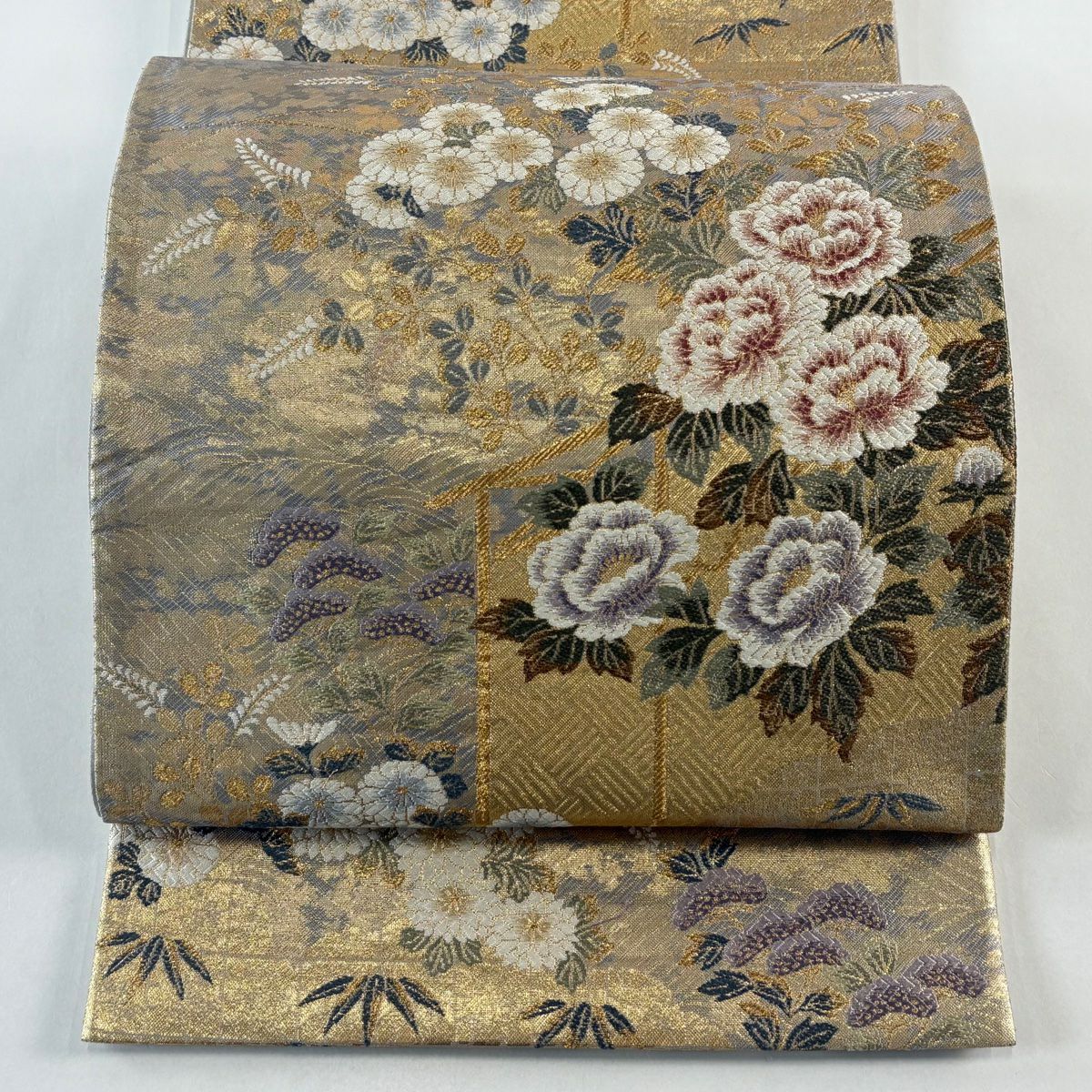 【美品】 袋帶 秀品級 大和 牡丹 秋草 金絲 金金箔 金色 六通 純蠶絲