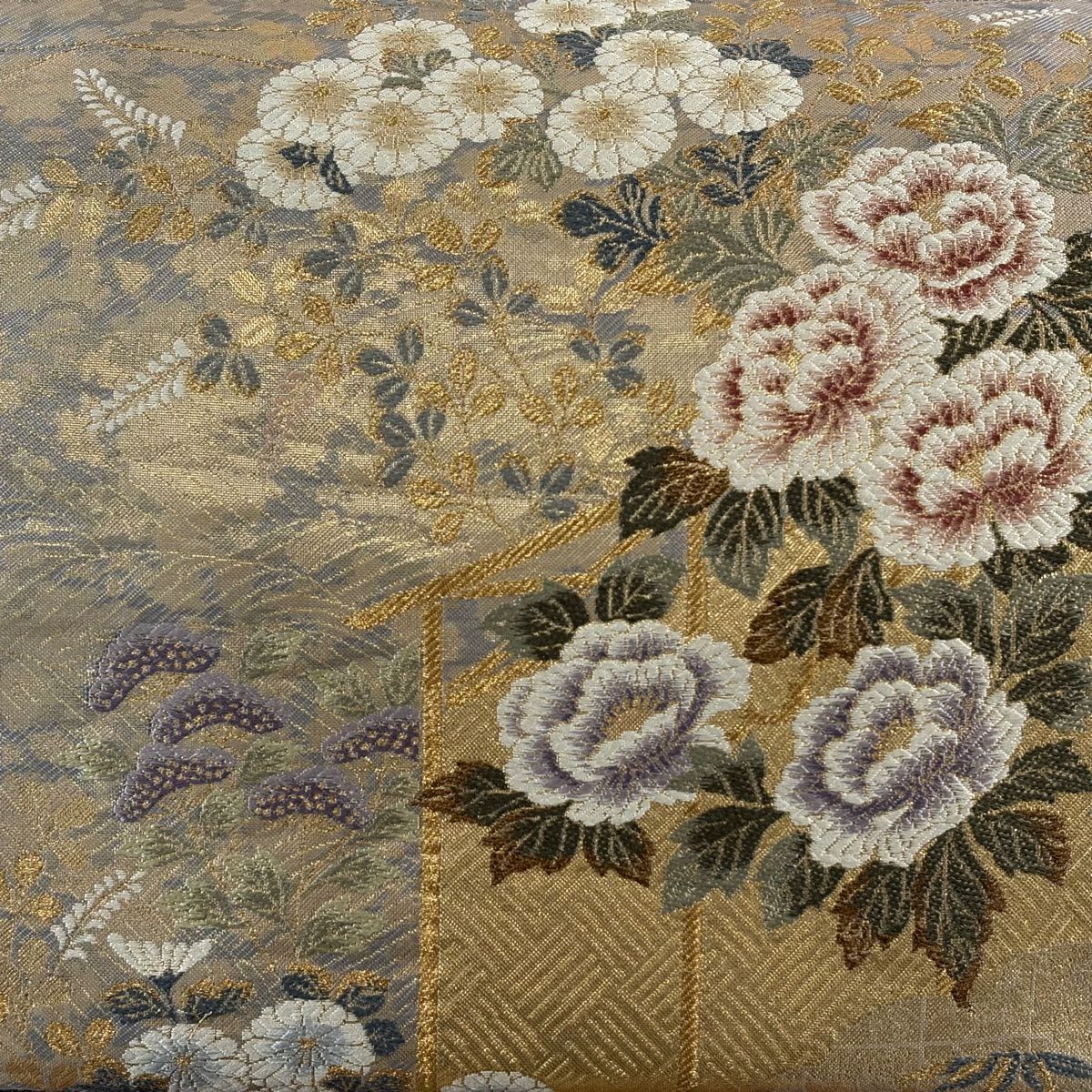 【美品】 袋帶 秀品級 大和 牡丹 秋草 金絲 金金箔 金色 六通 純蠶絲