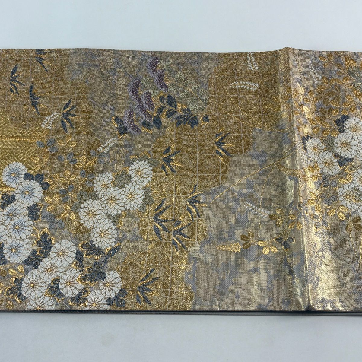 【美品】 袋帶 秀品級 大和 牡丹 秋草 金絲 金金箔 金色 六通 純蠶絲
