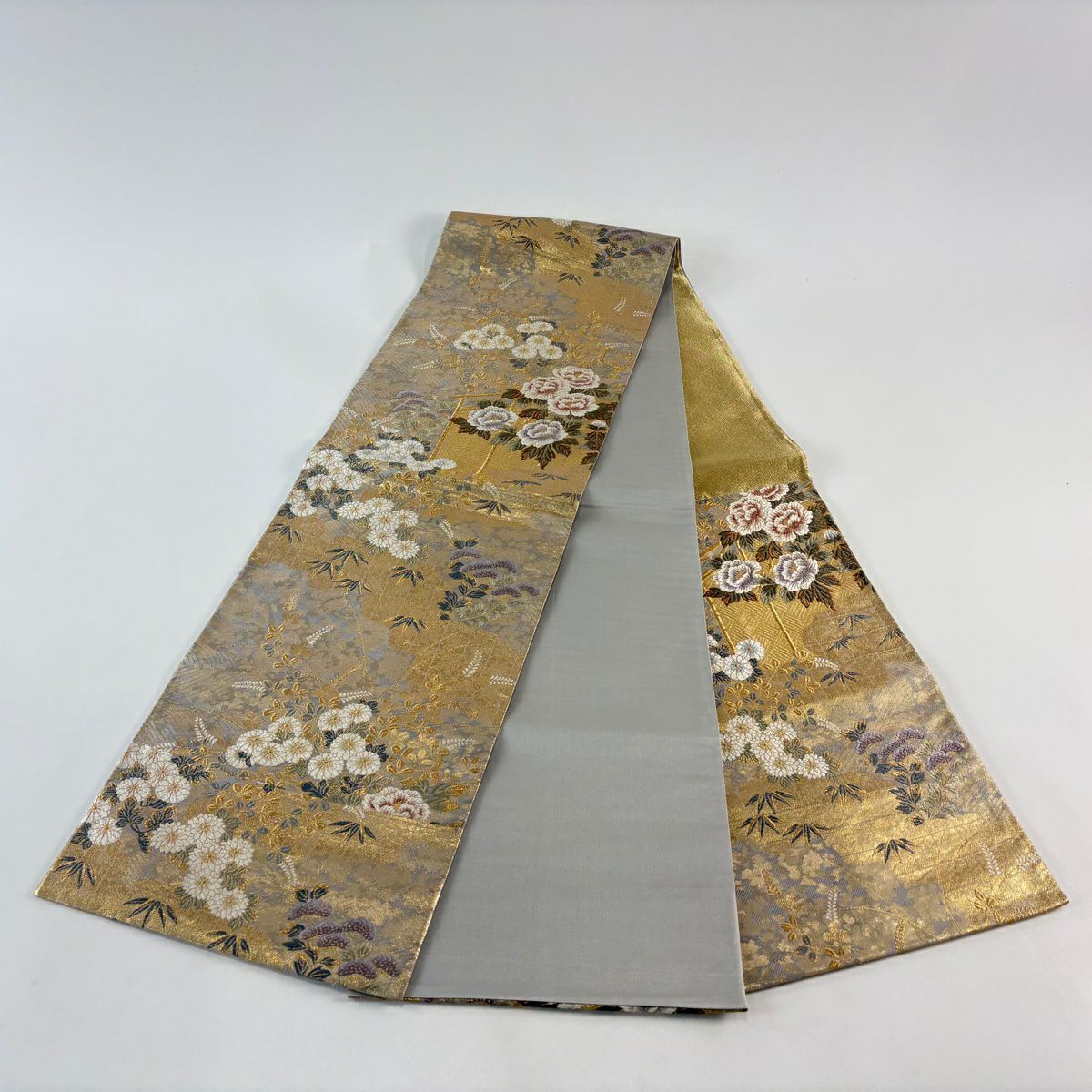【美品】 袋帶 秀品級 大和 牡丹 秋草 金絲 金金箔 金色 六通 純蠶絲