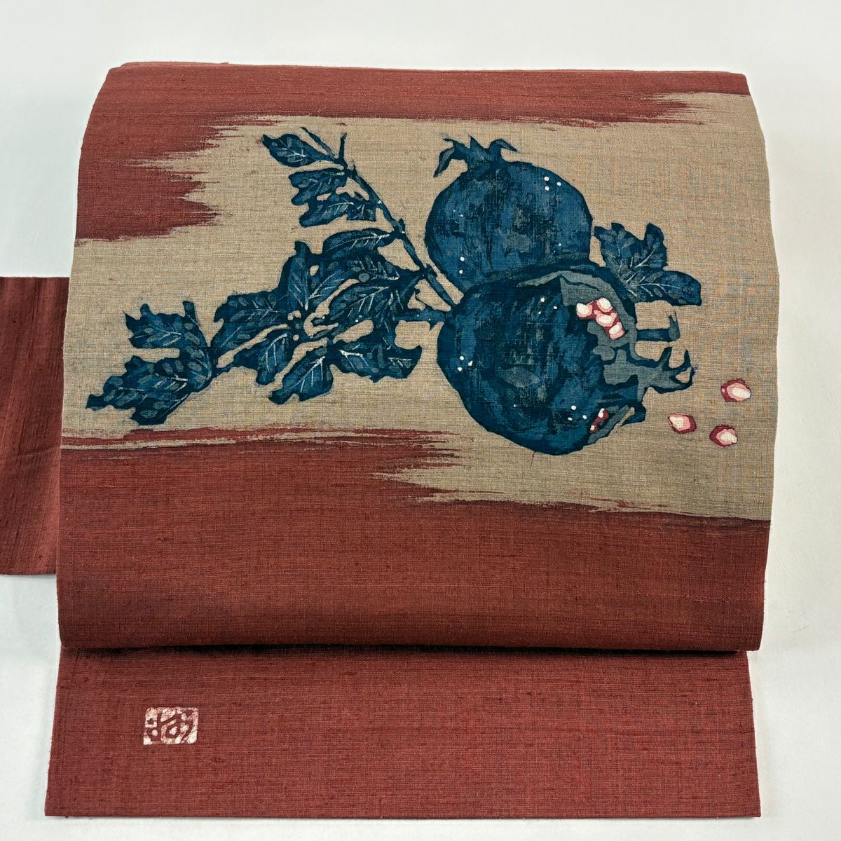 【美品】名古屋帶 秀品級 附落款 石榴圖案 紬織織 茜色 純蠶絲