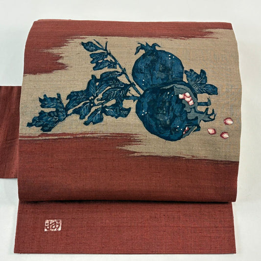 【美品】名古屋帶 秀品級 附落款 石榴圖案 紬織織 茜色 純蠶絲