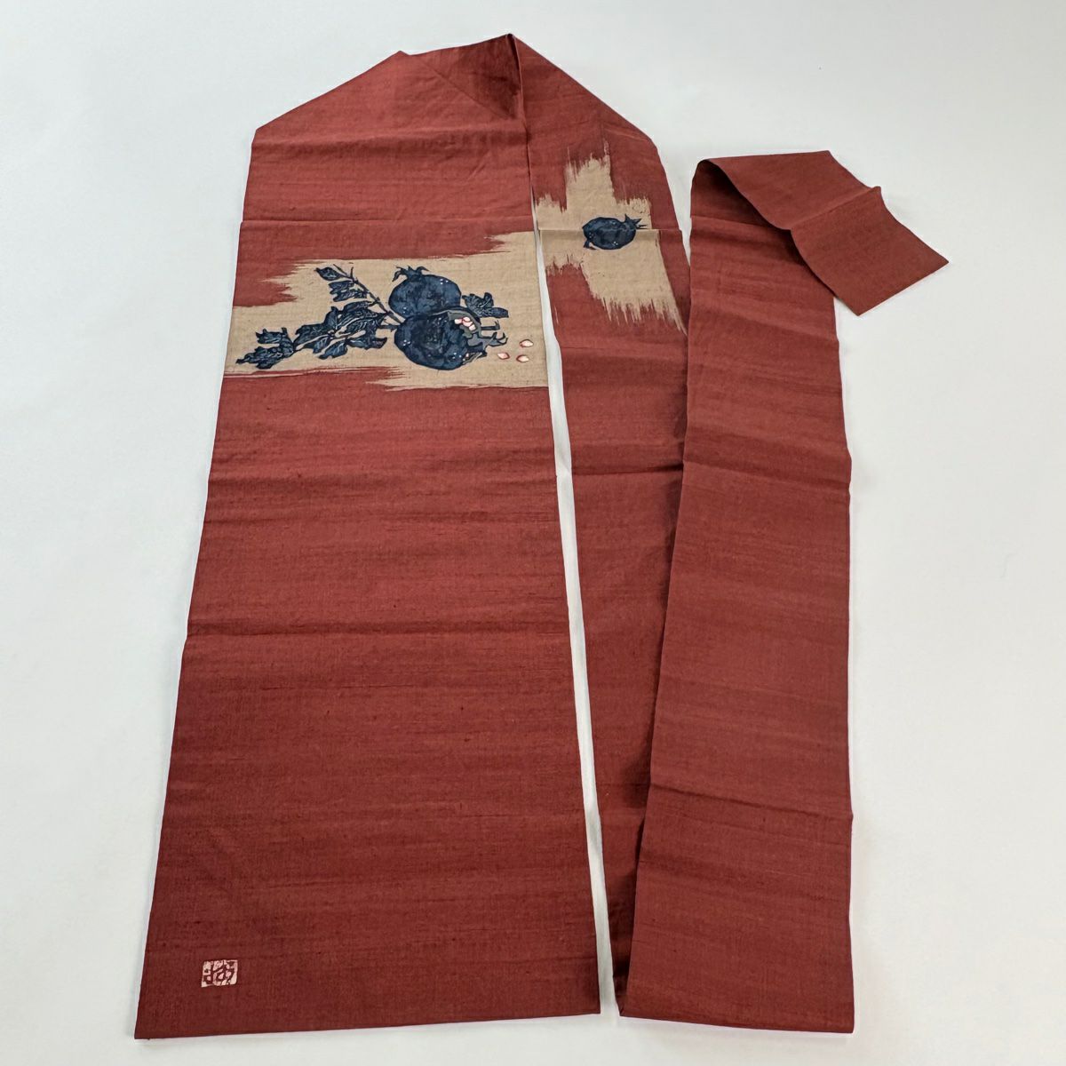 【美品】名古屋帶 秀品級 附落款 石榴圖案 紬織織 茜色 純蠶絲