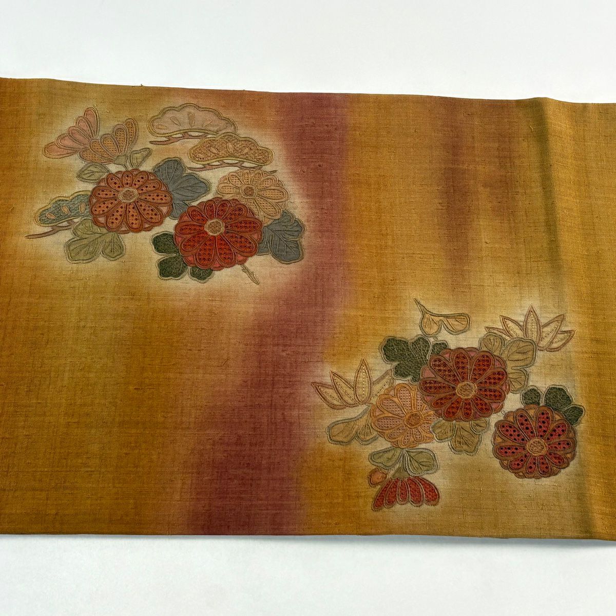 【美品】 袋帶 秀品級 紬織織 菊花 御所車 汕頭刺繡 山吹茶 藍帶圖案 純蠶絲
