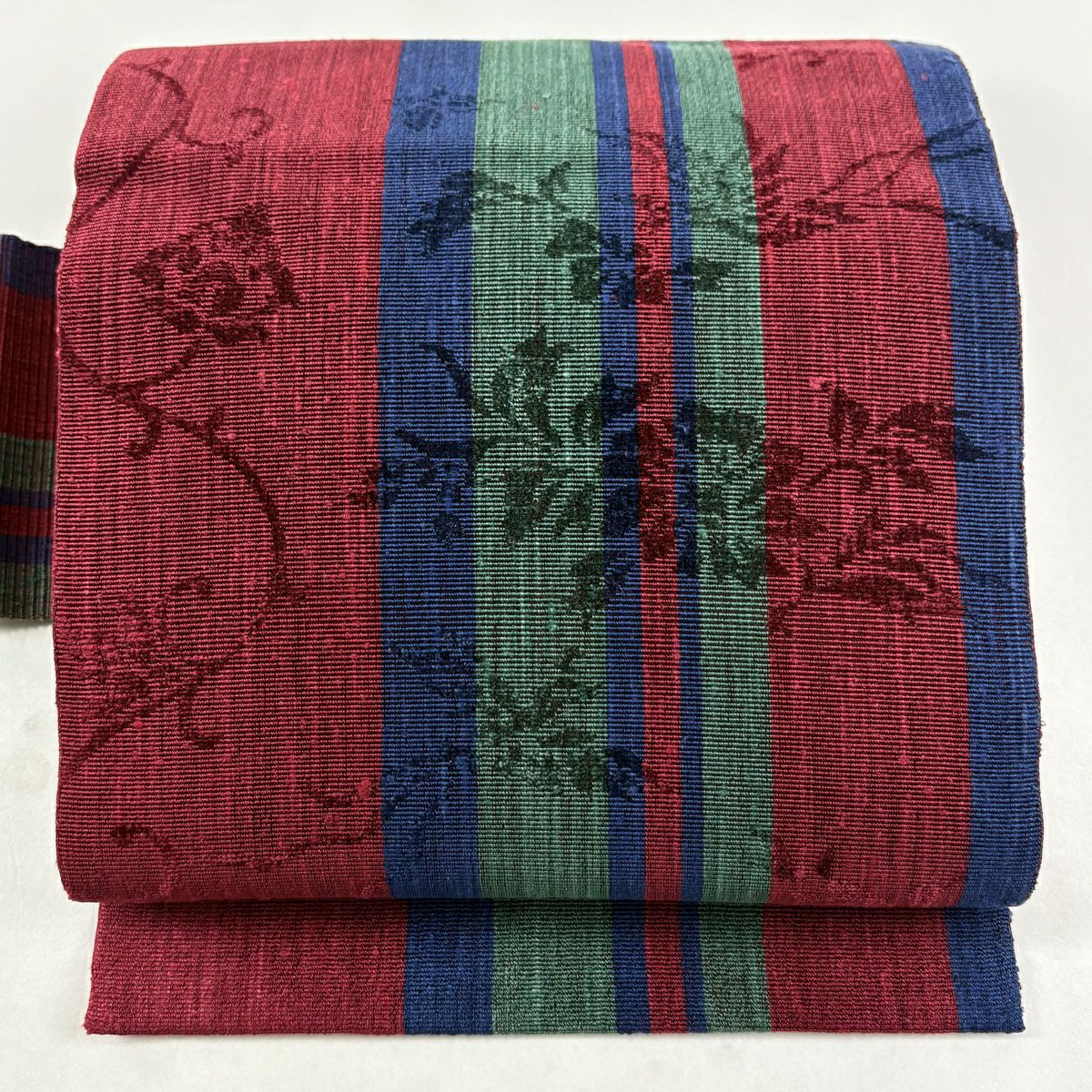 【美品】 名古屋帶 秀品級 八寸名古屋帶 草花紋紋 縞 深紅 純蠶絲