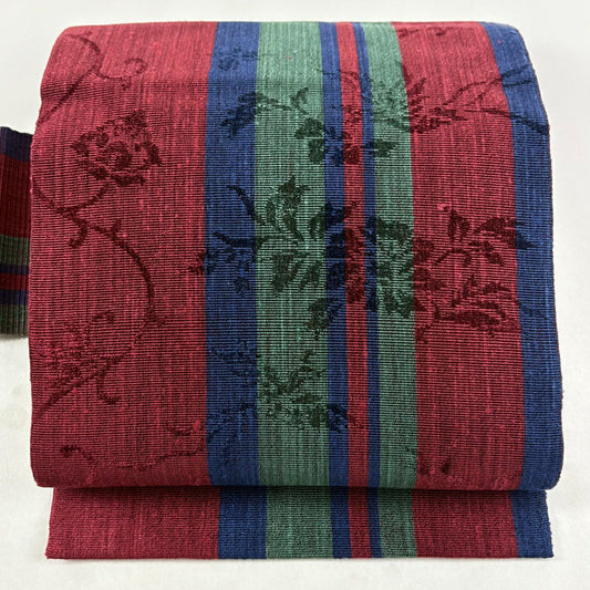 【美品】 名古屋帶 秀品級 八寸名古屋帶 草花紋紋 縞 深紅 純蠶絲