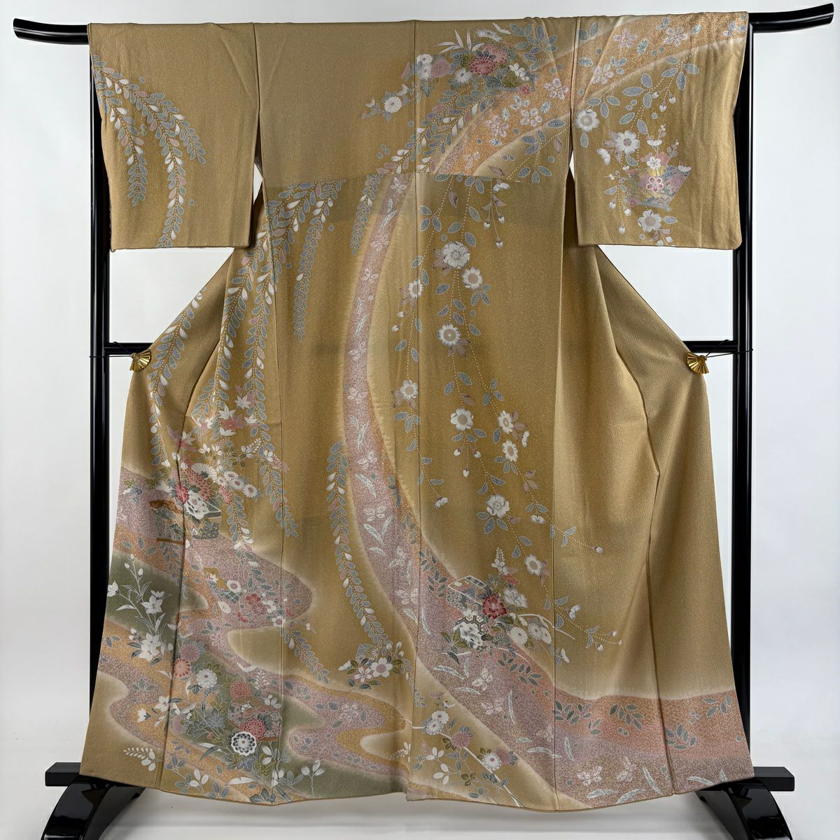 訪問服 身長161cm 袖長67cm M 雙層 袋帶套裝 檜扇子 草花紋紋 金彩裝飾 漸層 淺茶 純蠶絲 名品級