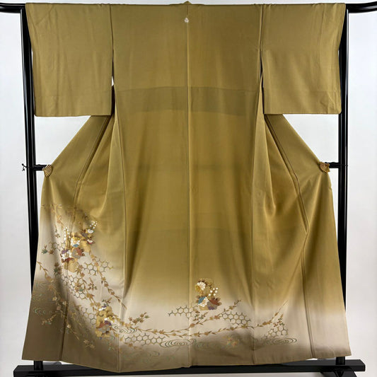 色留袖禮服 身長155.5cm 袖長64.5cm M 雙層 草花紋紋 龜甲 金銀彩 染分 黃土 純蠶絲 秀品級 一つ紋