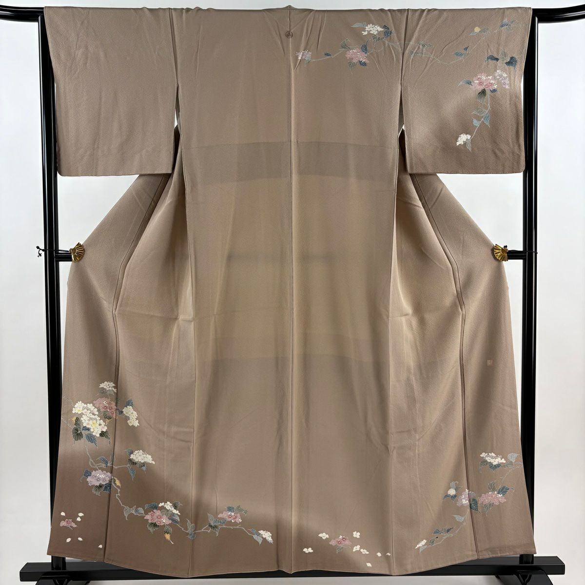 訪問服 身長156cm 袖長64.5cm M 雙層 落款 草花紋 花瓣 漸層 茶 純蠶絲 秀品級 一つ紋