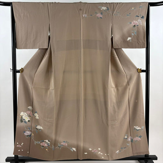 訪問服 身長156cm 袖長64.5cm M 雙層 落款 草花紋 花瓣 漸層 茶 純蠶絲 秀品級 一つ紋