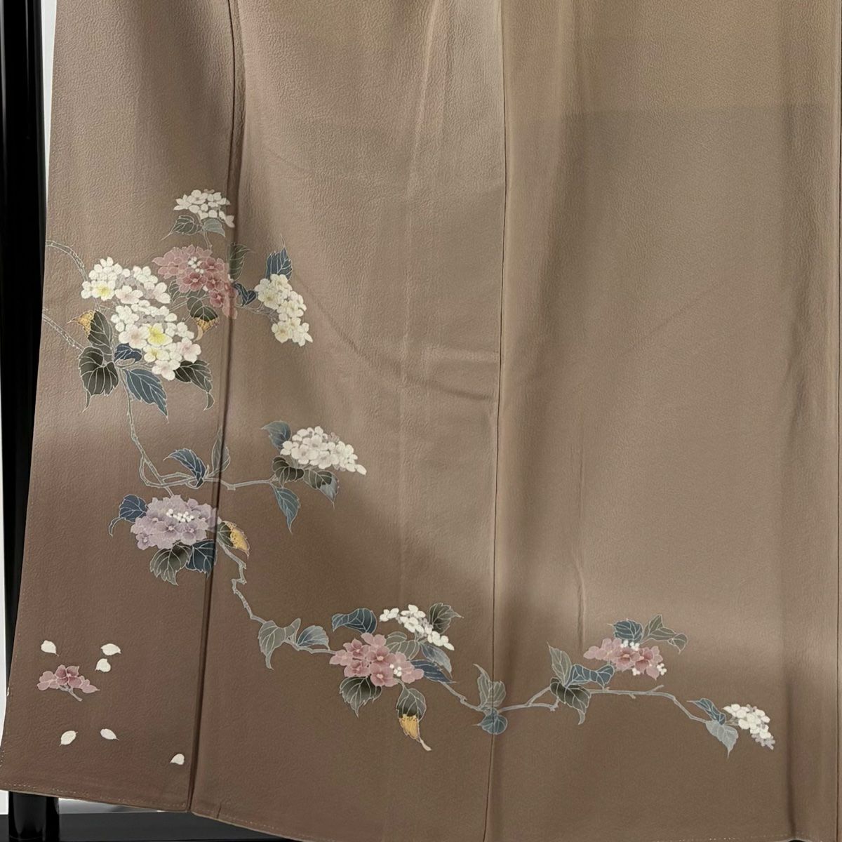 訪問服 身長156cm 袖長64.5cm M 雙層 落款 草花紋 花瓣 漸層 茶 純蠶絲 秀品級 一つ紋