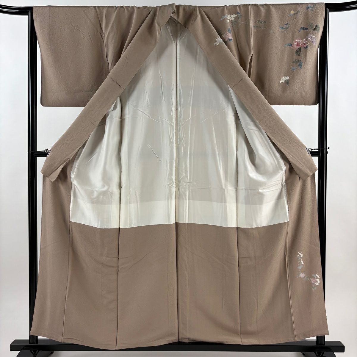 訪問服 身長156cm 袖長64.5cm M 雙層 落款 草花紋 花瓣 漸層 茶 純蠶絲 秀品級 一つ紋