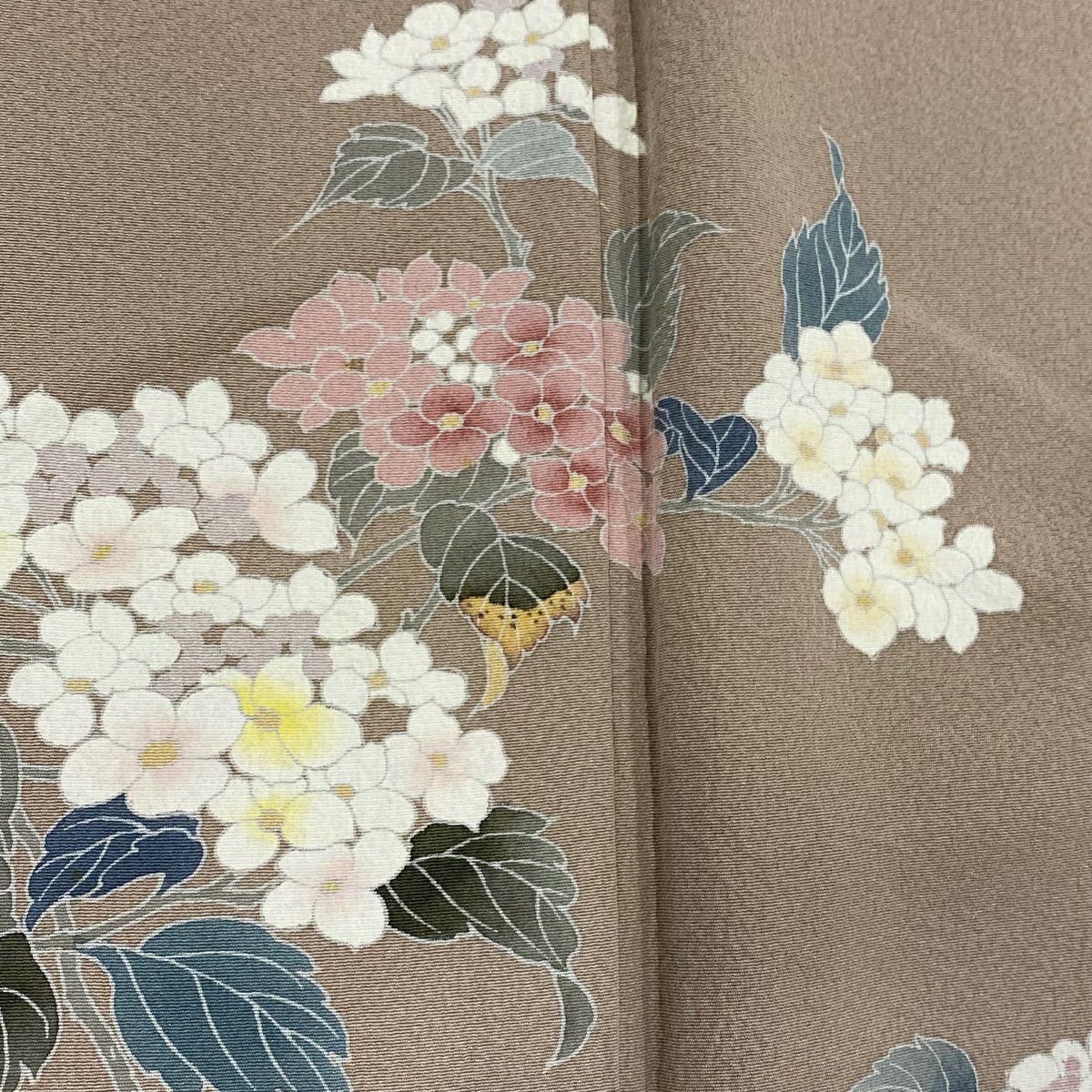 訪問服 身長156cm 袖長64.5cm M 雙層 落款 草花紋 花瓣 漸層 茶 純蠶絲 秀品級 一つ紋